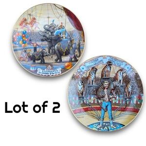 Porcelain Franklin Moody Gold Rim Circus Theme Plates SET OF 2